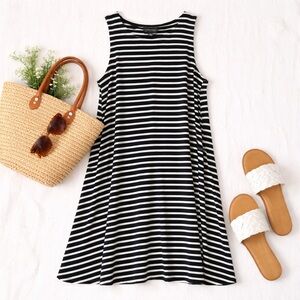 Lord & Taylor Black White Striped Swing Dress Sleeveless Jersey A-Line Large